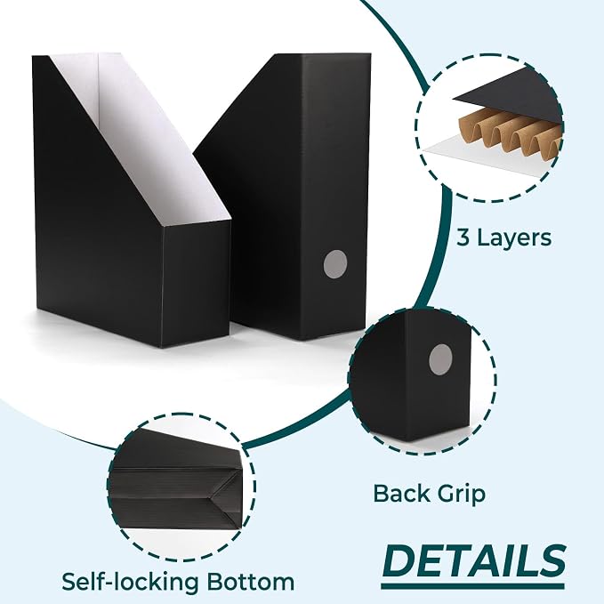 EXYGLO 12 Pack Black Magazine File Holder, Cardboard Magazine Rack - Image 3