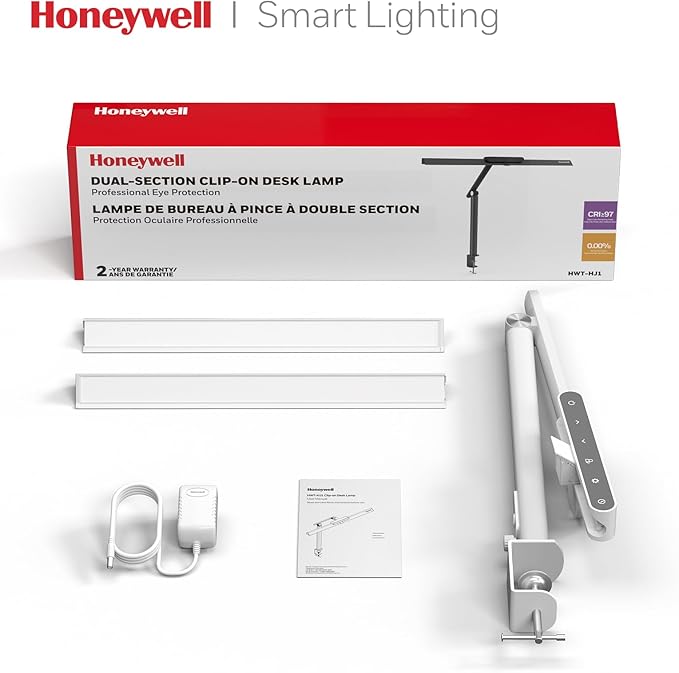 Honeywell LED Desk Lamp with Clamp - HJ1 Sunturalux Eye-Caring Clip on Lights for Home Office, 1200LM Clamp Lamp 4 Color Modes Stepless Dimming Task Desk Light for Working White-DeskLoop Office