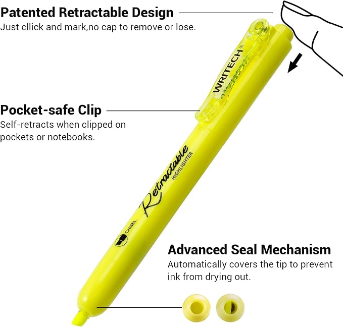 WRITECH Retractable Highlighters Chisel Tip: Fluorescent Yellow Ink Highlighter - Image 3