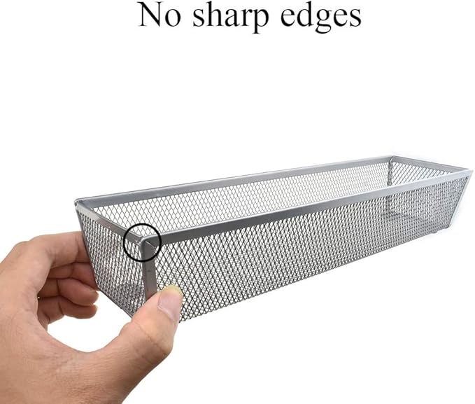 HAHIYO Stackable Mesh Tray Cup 12 x 3 x 2 inches Sturdy Container for Desk Drawer Organizer Collection for Home Office School kitchen Soft Foam Feet No Sharp Edges 2 Pack Silver-DeskLoop Office