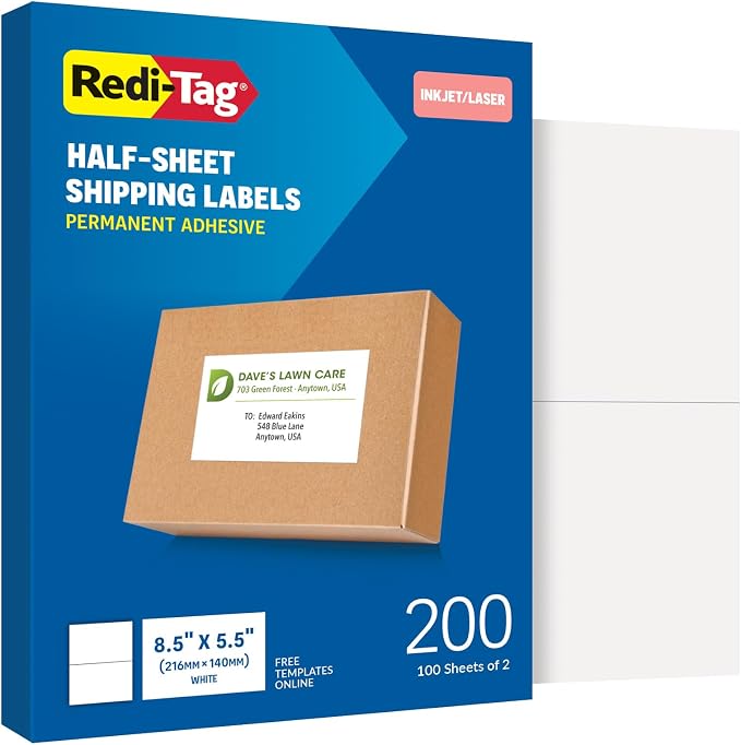 Redi-Tag 5.5" x 8.5" Shipping Labels, 200 per Pack, Laser & Inkjet Half Sheet by Redi-Tag