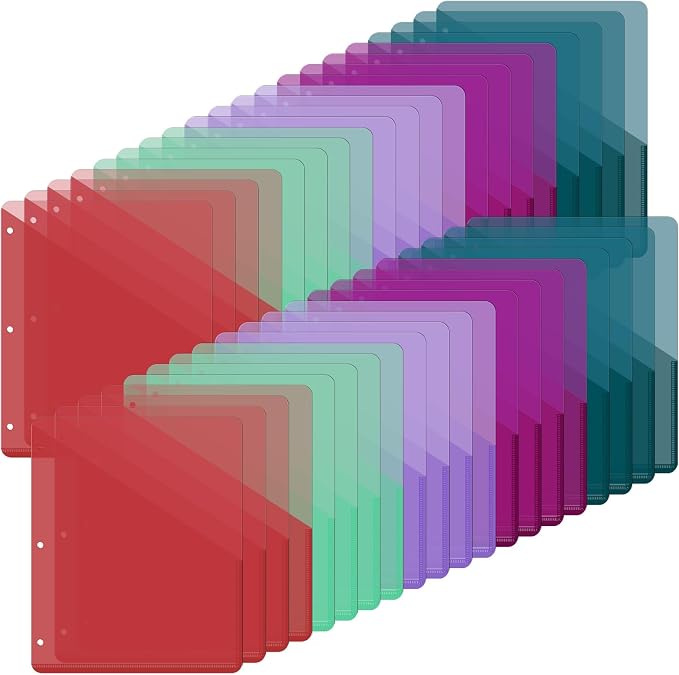 Maitys 50 Pack Binder Pockets 3 Hole Punch Clear Plastic Document Folders by Maitys