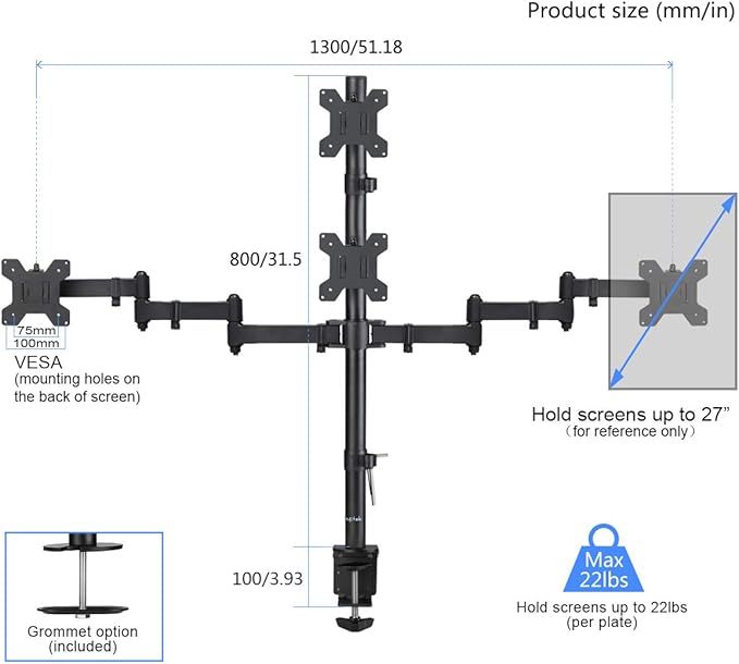 Suptek Quad LED LCD Monitor Stand up Desk Mount Extra Tall 31.5 inch Pole Heavy Duty Fully Adjustable Stand for 4 (3+1) / Four Screens up to 27 inch (MD6864)-DeskLoop Office