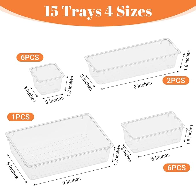 SpaceHacks 15 PCS Clear Plastic Drawer Organizer Set, 4-Size Acrylic Drawer - Image 3