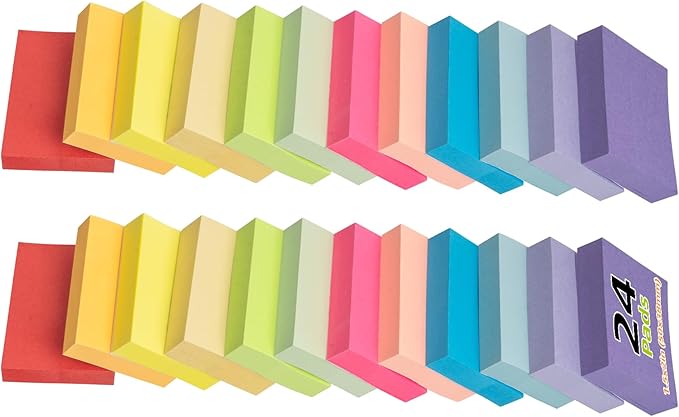 24 Pack Sticky Notes Small,2 x 1.5In Super Sticking Power Memo Pads,12 Assorted Colors Self-Stick Pads,100 Sheets/Pad Strong Adhesive Notes for Home,School,Office,Use on Walls,Doors,Windows-DeskLoop Office
