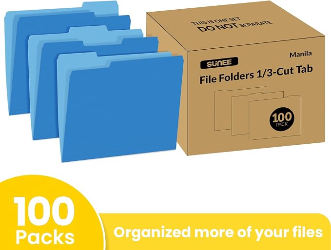 SUNEE File Folders Letter Size Blue, 100 Pack Manilla Folders 8.5 x 11 1/3-Cut - Image 2