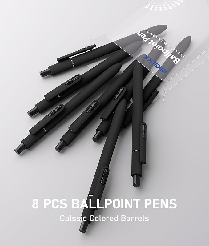 InkSlick- 8 Pcs Black Ballpoint Pens - 1mm Medium Point Black Ink Pens | Smooth - Image 5