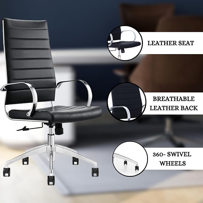 Ribbed High Back Conference Room Chairs - Lumbar Support, Modern Style Executive Chair for Home and Office - 360 Swivel Rolling Wheels - Aluminum Chrome Frame & Base - Black (Pack of 8)-DeskLoop Office