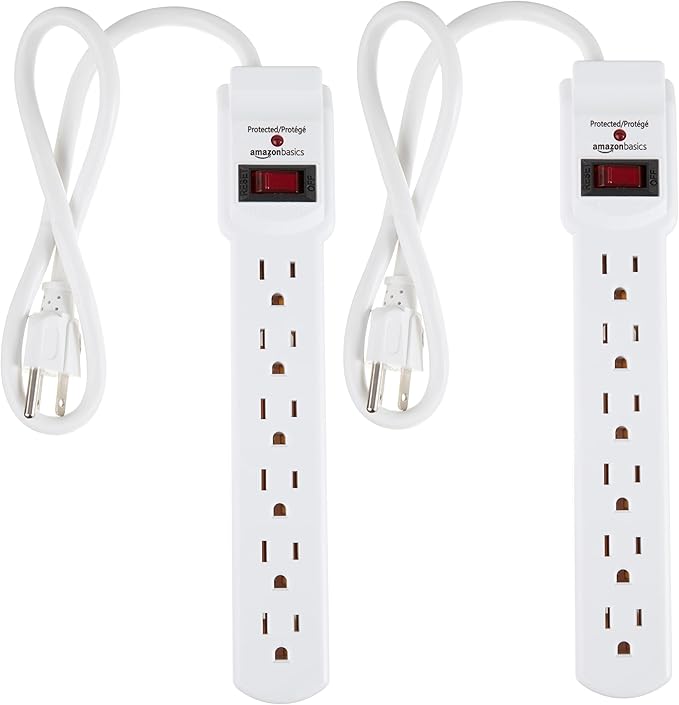 Amazon Basics Surge Protector Power Strip, 6-Outlet with 200J Protection, 2ft Extension Cord, Rectangle, White (2 Pack)-DeskLoop Office