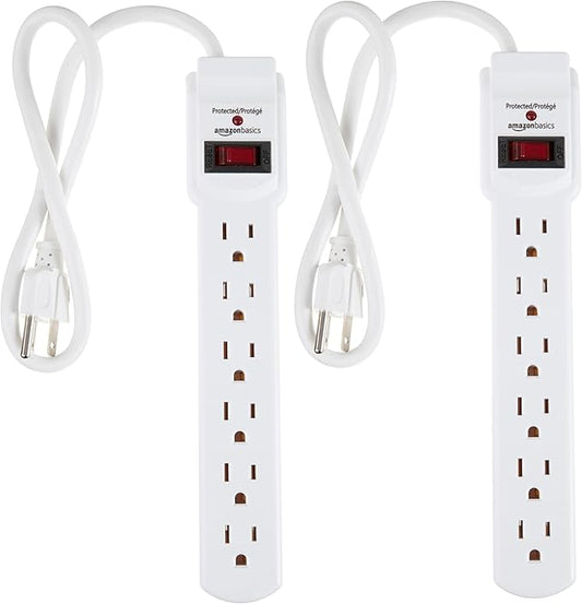 Amazon Basics Surge Protector Power Strip, 6-Outlet with 200J Protection, 2ft Extension Cord, Rectangle, White (2 Pack)-DeskLoop Office