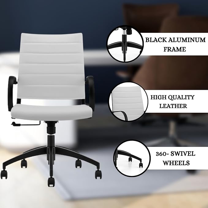 Ribbed Mid Back Conference Room Chairs - Lumbar Support, Modern Executive Home Office Chair - White Leather Seat & Black Aluminum Frame-DeskLoop Office