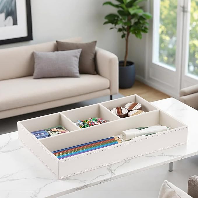 KINGFOM PU Leather Desk Drawer Organizer, 4 Compartment Office Supplies Stationery Storage Tray, Desk Organizers and Accessories Drawer Organizer Tray for Home, Makeup, Jewelry Stackable White-DeskLoop Office