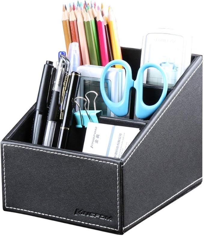 KINGFOM Remote Control Holder with 3 Compartments Pu Leather Remote Caddy Desktop Organizer Store Brush, Pencil, TV Guide, DVD, CD, Blu-Ray, Media Player, Heater Controllers(Black)-DeskLoop Office