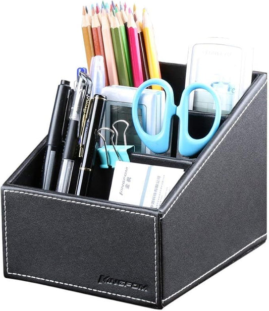 KINGFOM Remote Control Holder with 3 Compartments Pu Leather Remote Caddy Desktop Organizer Store Brush, Pencil, TV Guide, DVD, CD, Blu-Ray, Media Player, Heater Controllers(Black)-DeskLoop Office