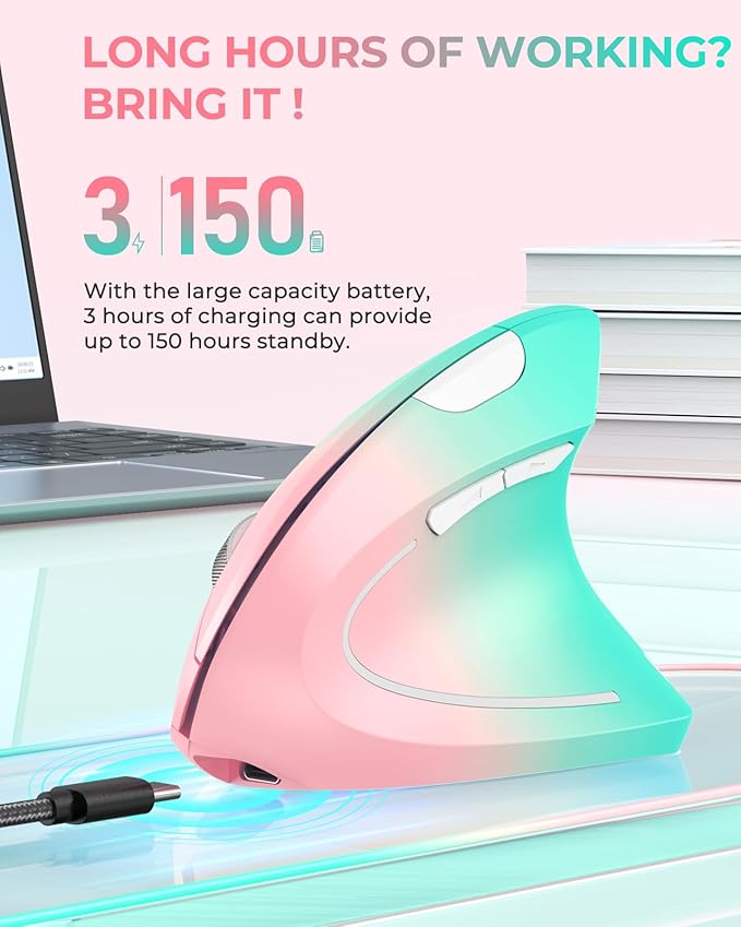 Lekvey Ergonomic Mouse, Vertical Wireless Mouse, Rechargeable 2.4G Optical Carpal Tunnel Mice with USB Receiver: 1000/1200 / 1600 DPI, 6 Buttons, for Laptop, Computer, PC, Desktop, Pink Green-DeskLoop Office