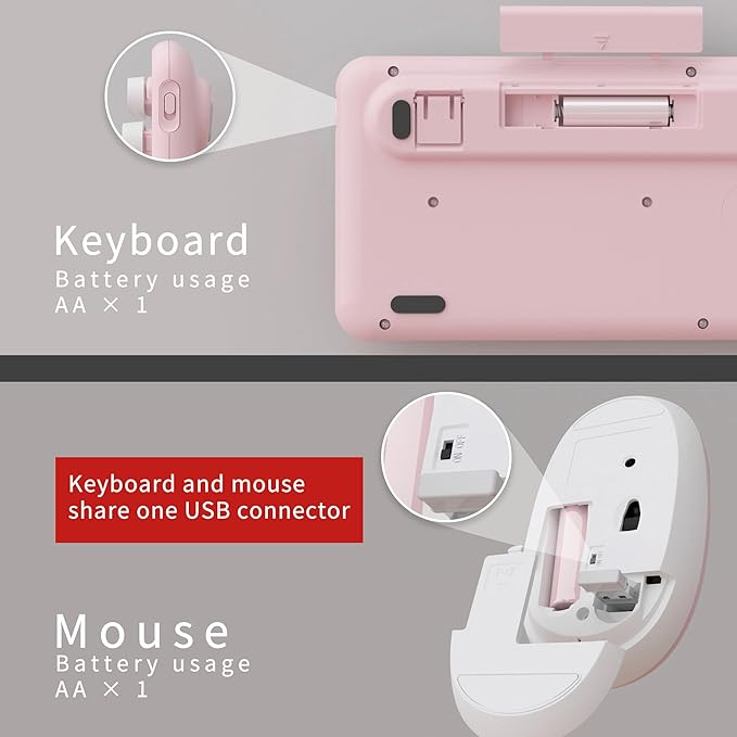 UBOTIE Colorful Computer Wireless Keyboard Mouse Combos, Typewriter Flexible Keys Office Full-Sized Keyboard, 2.4GHz Dropout-Free Connection and Optical Mouse (Pink-White)-DeskLoop Office