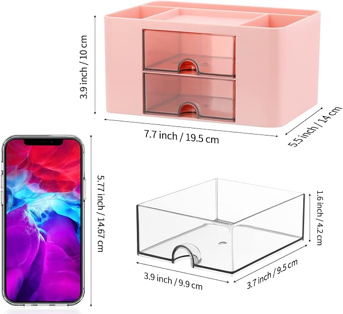 Desk Organizer with 2 Drawer, Plastic Desktop Pen Pencil Card Holder Storage Box - Image 3