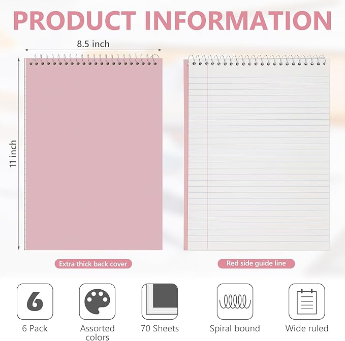6 Pack 8.5 x 11'' Top Bound Office Steno Book Wide Ruled Double Sided Spiral Notebooks Reliable White Paper 70 Sheets/Pad Pastel Colors Covers for Writing School Notes(Bohemian Color)-DeskLoop Office