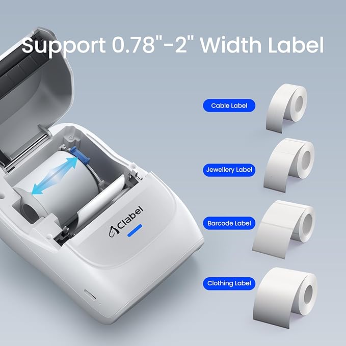 CLABEL Thermal Label Maker Machine: 221B Bluetooth Label Printer Mini Sticker Barcode Printer Inkless Label Maker Compatible with Clothing Price Labeling with 1 Roll of 50x30mm Label(Gray White)-DeskLoop Office