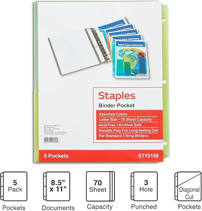 Staples Poly Binder Pockets, 3-Hole Punched, Durable Plastic Sheet Protectors - Image 2