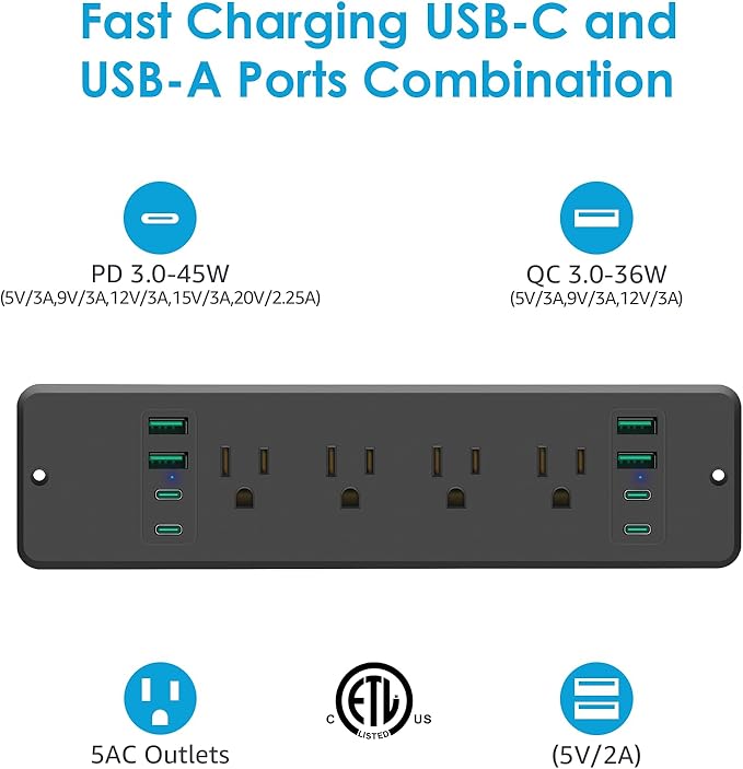 HHSOET 16 in 1 Recessed Power Strip Flat Plug, 45W Fast Charging Furniture Outlet with USB, Conference Recessed Surge Protection with 8 AC Plugs, 4 USB Ports 4 USB-C, 10ft Power Cord.(Black)-DeskLoop Office