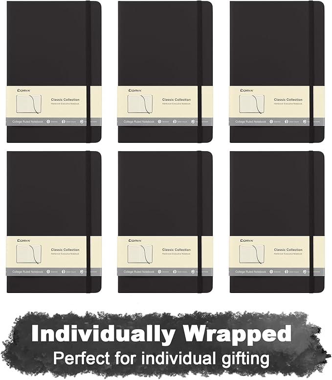 Comix 6 Pack Lined Journal Notebooks for Work, 240 Pages, 5.5"x8.3", Black, Hardcover, A5 Medium College Ruled, Journaling Notebooks for Notes-taking, Fits for Office School Home-DeskLoop Office