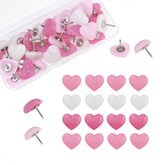 27pcs Decorative Cute Push Pins Heart White Pink Thumbtacks Thumb Tacks Pushpins by Aoxsie