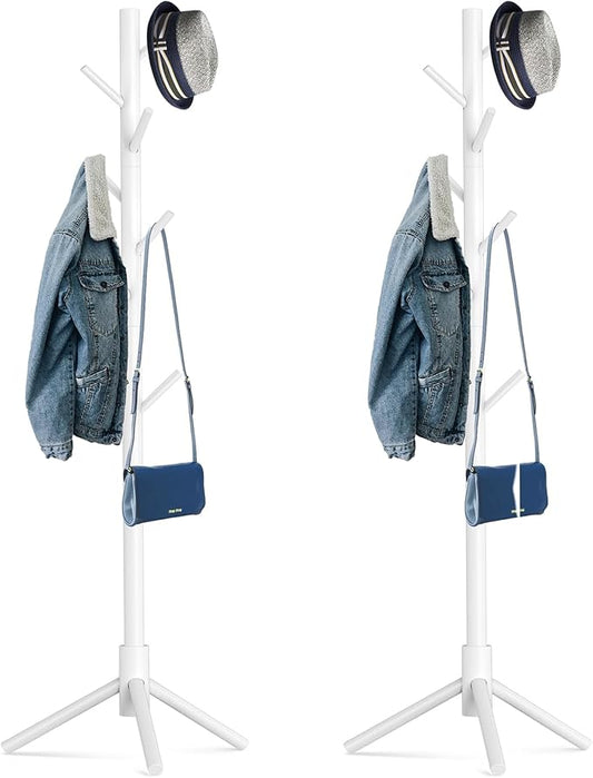 Wooden Tree Coat Rack Stand,Sturdy Freestanding Coat Rack with 8 Hooks,3 Adjustable Height for Child Adult,Wood Coat Stand Tree Fits Entryway Bedroom Office for Bags,Hats, 2 Pack-DeskLoop Office