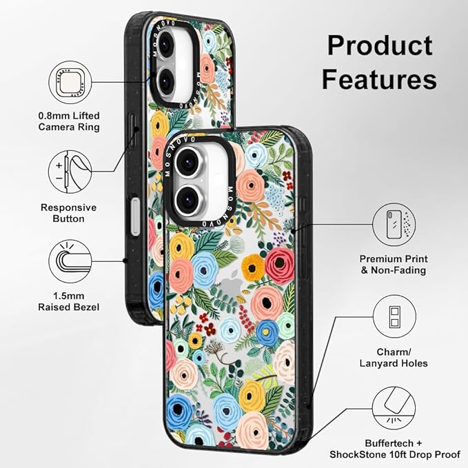 MOSNOVO Case for iPhone 16 Plus, [10ft 4X Military-Grade Drop Protection] Durable & Shockproof Phone Case Cover Design for iPhone 16 Plus - Pastel Floral Garden - Clear Black