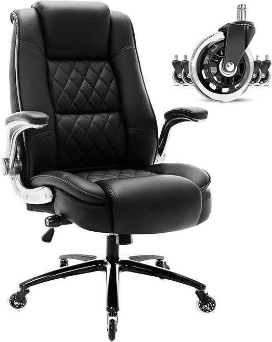 High Back Office Chair- Flip Arms Adjustable Built-in Lumbar Support, Executive Computer Desk Chair Work Chairs, Thick Padded Strong Metal Base Quiet Wheels, Ergonomic Design for Back Pain-DeskLoop Office