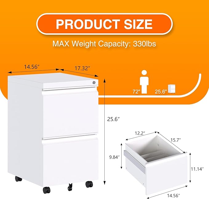 Aobabo Metal 2 Drawer Office File Cabinet with Lock, Under Desk Office Steel Files Cabinet on Wheels, 25.6''H Legal/Letter A4 Size, Fully Assembled Except Wheels,White-DeskLoop Office