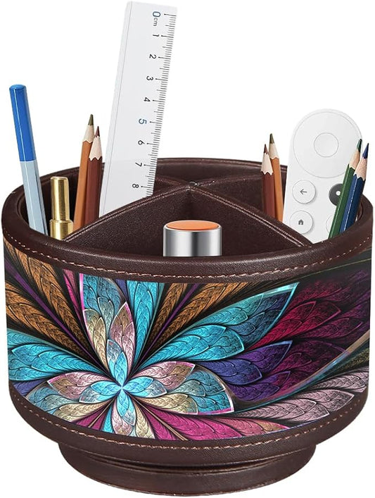 Rotating Pen Holder for Desk, Leather Pencil Pen Organizer Remote Control Holder Table Desktop Nightstand Organizer Caddy Storage, Office Desk Organizers And Accessories 5.5x5.5x4.0 Inch-DeskLoop Office