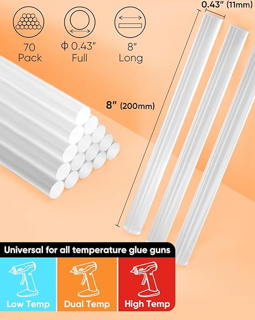 SHALL Full Size Hot Glue Sticks, 0.43” Dia x 8” Long, 70-Pack Clear Hot Melt Glue Gun Sticks for All-Temp Glue Guns, Multipurpose for Kids Adults DIY Art Craft Sealing Repairing Festival Decoration-DeskLoop Office