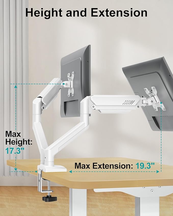Dual Monitor Desk Mount - Adjustable Monitor Arm for 2 Monitors up to 32 inches/19.8 lbs, Double Monitor Stand VESA Bracket with C-Clamp & Grommet Mounting, Computer Screen Mount, White, Freelift-DeskLoop Office