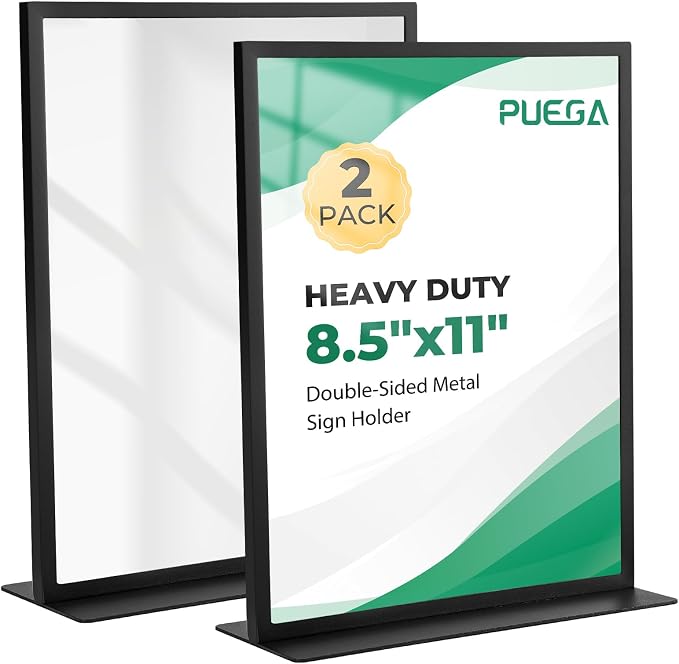 2pack Tabletop Metal Sign Holder, 8.5"x11" Stainless Steel Double Sided T Shape by Puega