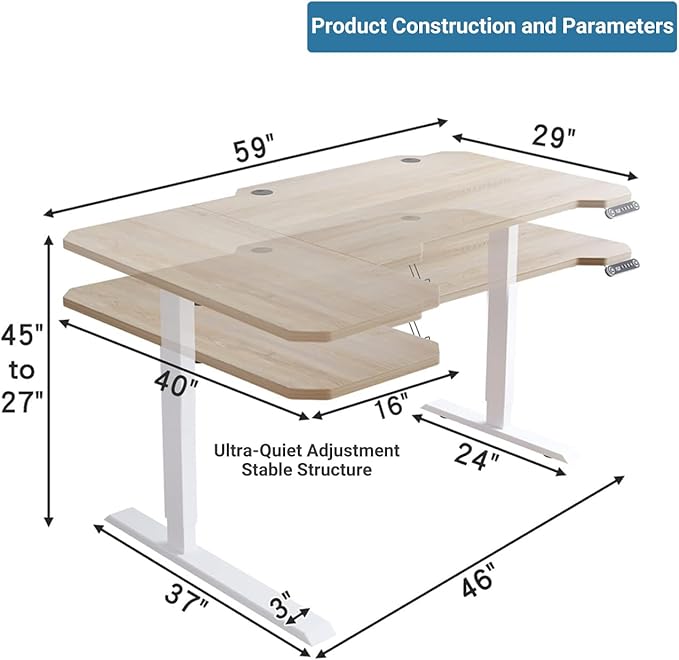 Electric Height Adjustable Standing Desk, Sit - Stand Desk for Work or Home Office Push Button Memory Settings Splice Board (Light Oak, 59x24)-DeskLoop Office