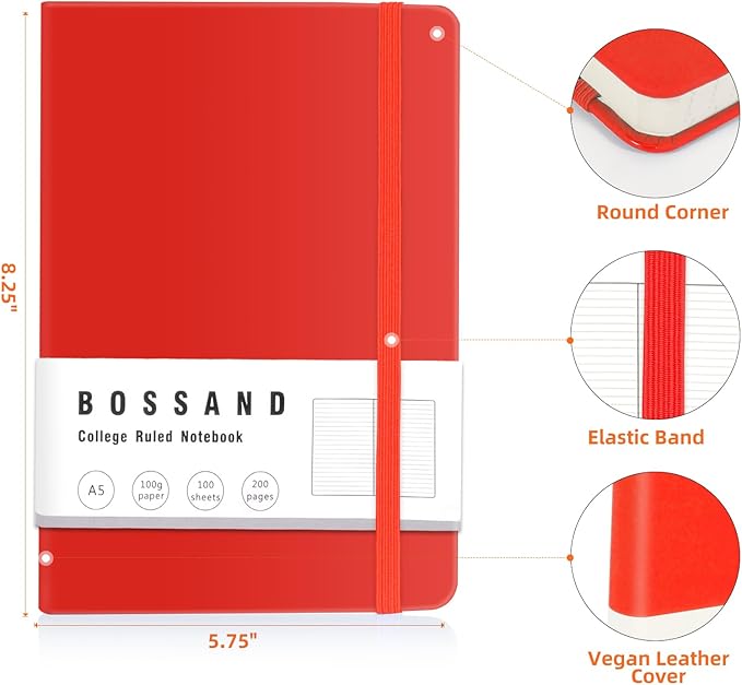 BOSSAND College Ruled Notebooks, 6 Pack A5 Lined Journal Notebooks, 200 Pages 100 GSM Thick Paper, Hardcover, 8.25 inches x 5.75 inches, Red-DeskLoop Office