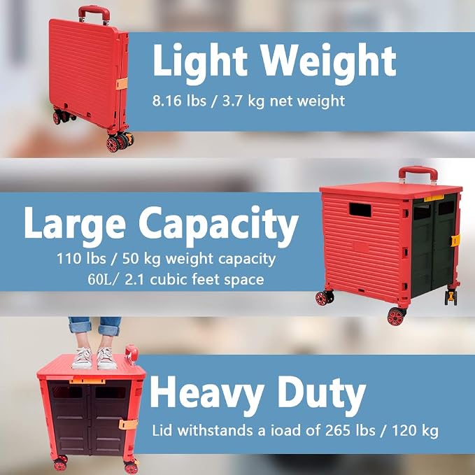 FELICON SELORSS Foldable Utility Cart Folding Portable Rolling Crate-Red | - Image 3