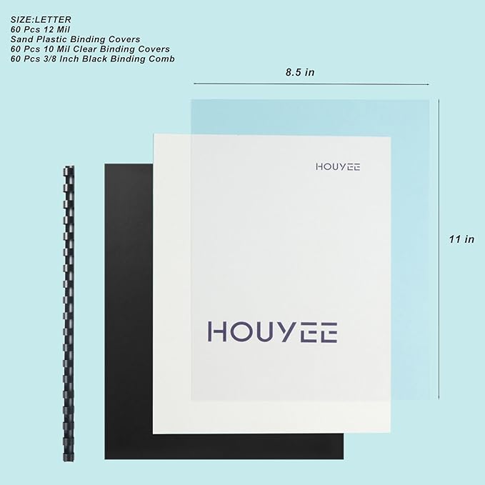 HOUYEE 180 Pack Binding Covers Set: 60 Pcs 3/8 Inch Black Binding Combs, 8.5x11 Inches, 60 Pcs 10 Mil Clear Binding Covers, 60 Pcs 12Mil Black Sand Texture, Letter Size-DeskLoop Office