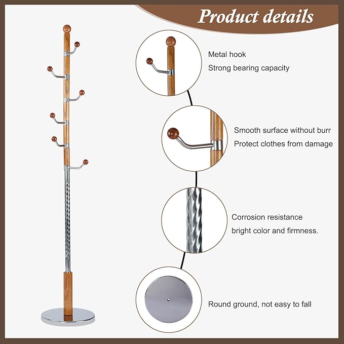 Wooden Coat Rack Freestanding, Vintage Coat Racks with Sturdy Round Base, Adjustable Height 37.40"-72.83" Entrance Coat Rack for Bedroom Living Room Entryway (Solid Wood Metal Hook)-DeskLoop Office