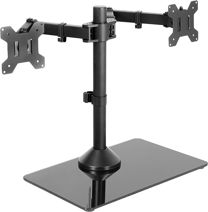 VIVO Freestanding Dual Monitor Stand with Sleek Glass Base and Adjustable Arms, Mounts 2 Screens up to 32 inch and 22 lbs Each, Black, STAND-V002FG-DeskLoop Office