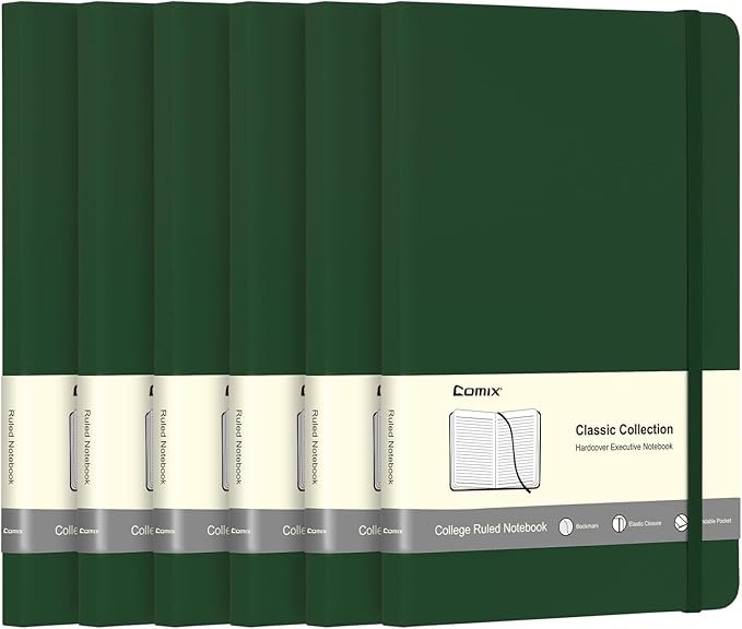 Comix 6 Pack Lined Journal Notebooks for Work, 240 Pages, 5.5"x8.3", Dark Green, Hardcover, A5 Medium College Ruled, Journaling Notebooks for Notes-taking, Fits for Office School Home-DeskLoop Office