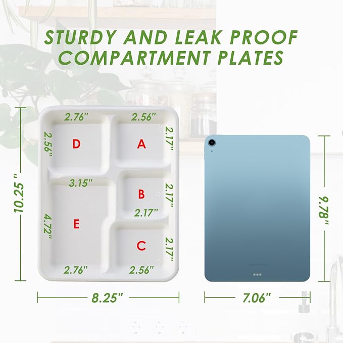 Vplus 100% Compostable Small 5 Compartment Plates 125 Pack 10.25 x 8.25 inch - Image 5