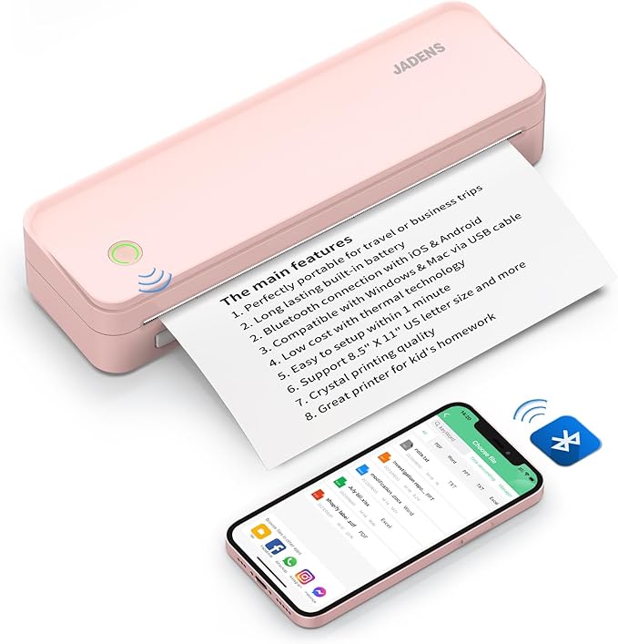 JADENS Pink Bluetooth Thermal Printer, Support 8.5" X 11" US Letter, Portable Printers Wireless for Travel, Inkless Printer Compatible with iOS, Android, Mobile Printer for Home, Office, School-DeskLoop Office
