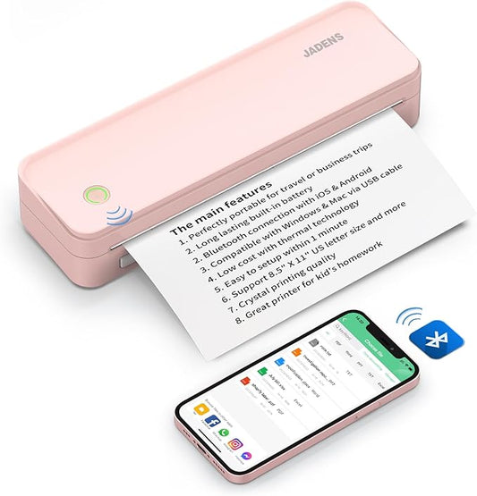 JADENS Pink Bluetooth Thermal Printer, Support 8.5" X 11" US Letter, Portable Printers Wireless for Travel, Inkless Printer Compatible with iOS, Android, Mobile Printer for Home, Office, School-DeskLoop Office