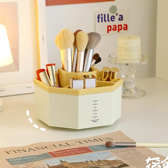 Desk Organizer, 360-Degree Rotating Multi-Functional Pen Holder, 5 Compartments Desktop Stationary Organizer, Home Office Art Supply Storage Box Caddy (White+Yellow)-DeskLoop Office