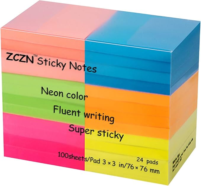 2400 Sheets Sticky Notes 3x3 Inches, 24 Pack ZCZN 6 Bright Color Self-Stick Note Pads, Colorful Sticky Notes Bulk, Easy to Post for Home, Office, School - 100 Sheets/Pad-DeskLoop Office