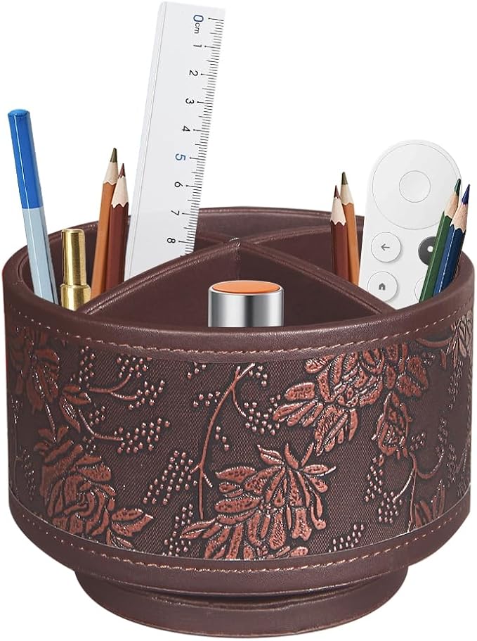 360° Rotating Pen Holder for Desk, Leather Pencil Pen Organizer Remote Control Holder Table Desktop Nightstand Organizer Caddy Storage, Office Desk Organizers And Accessories 5.5x5.5x4.0 Inch-DeskLoop Office