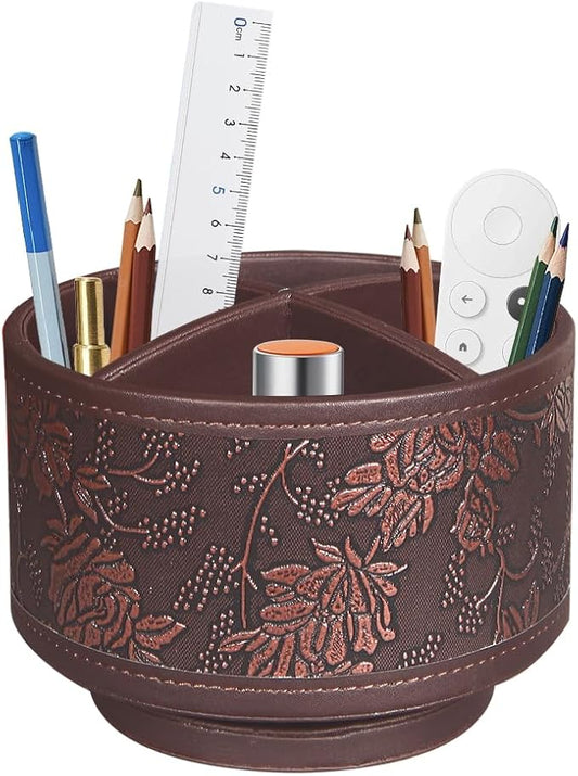 360° Rotating Pen Holder for Desk, Leather Pencil Pen Organizer Remote Control Holder Table Desktop Nightstand Organizer Caddy Storage, Office Desk Organizers And Accessories 5.5x5.5x4.0 Inch-DeskLoop Office