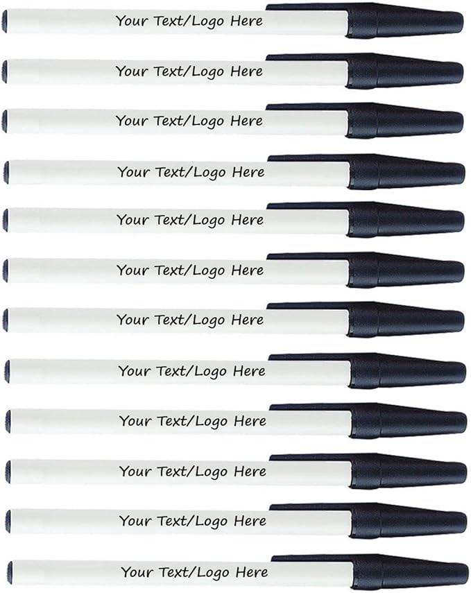Personalized Stick Pens With your Custom Logo or Text-500 Pack Bulk-for Businesses, Parties, and Events, Custom Printed Slim Ballpoint Pens with Cap, Black, Black Ink-DeskLoop Office